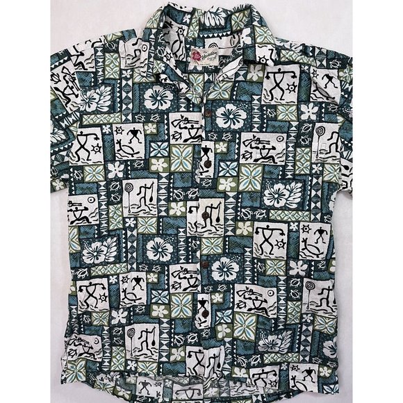 Hilo Hattie Hawaiian Shirt Mens Large Flowers Geometric Cave Style Stick Figure - Picture 2 of 16